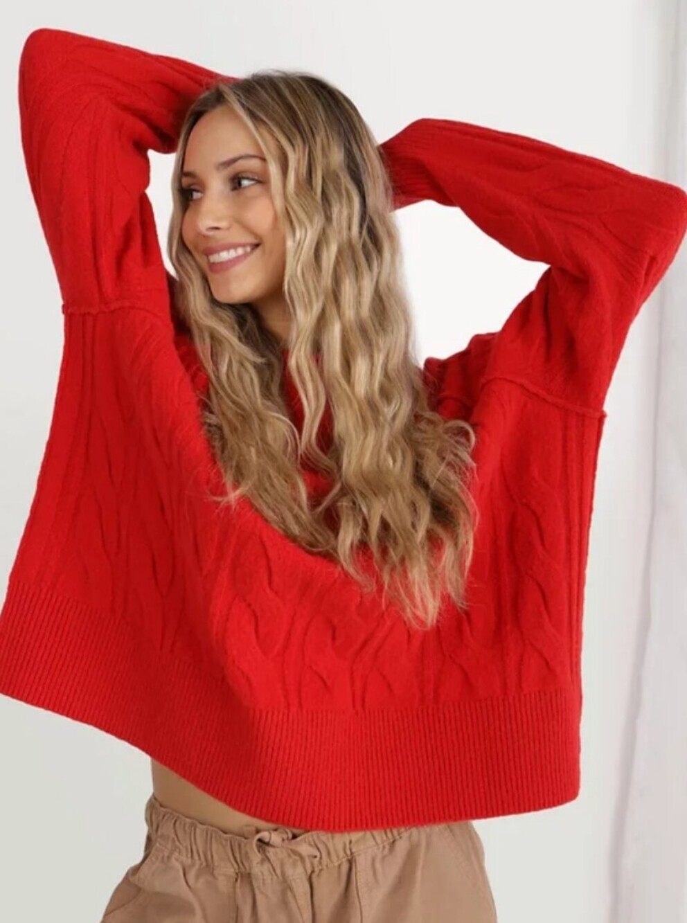 aerie Cable Crewneck Sweater - Red